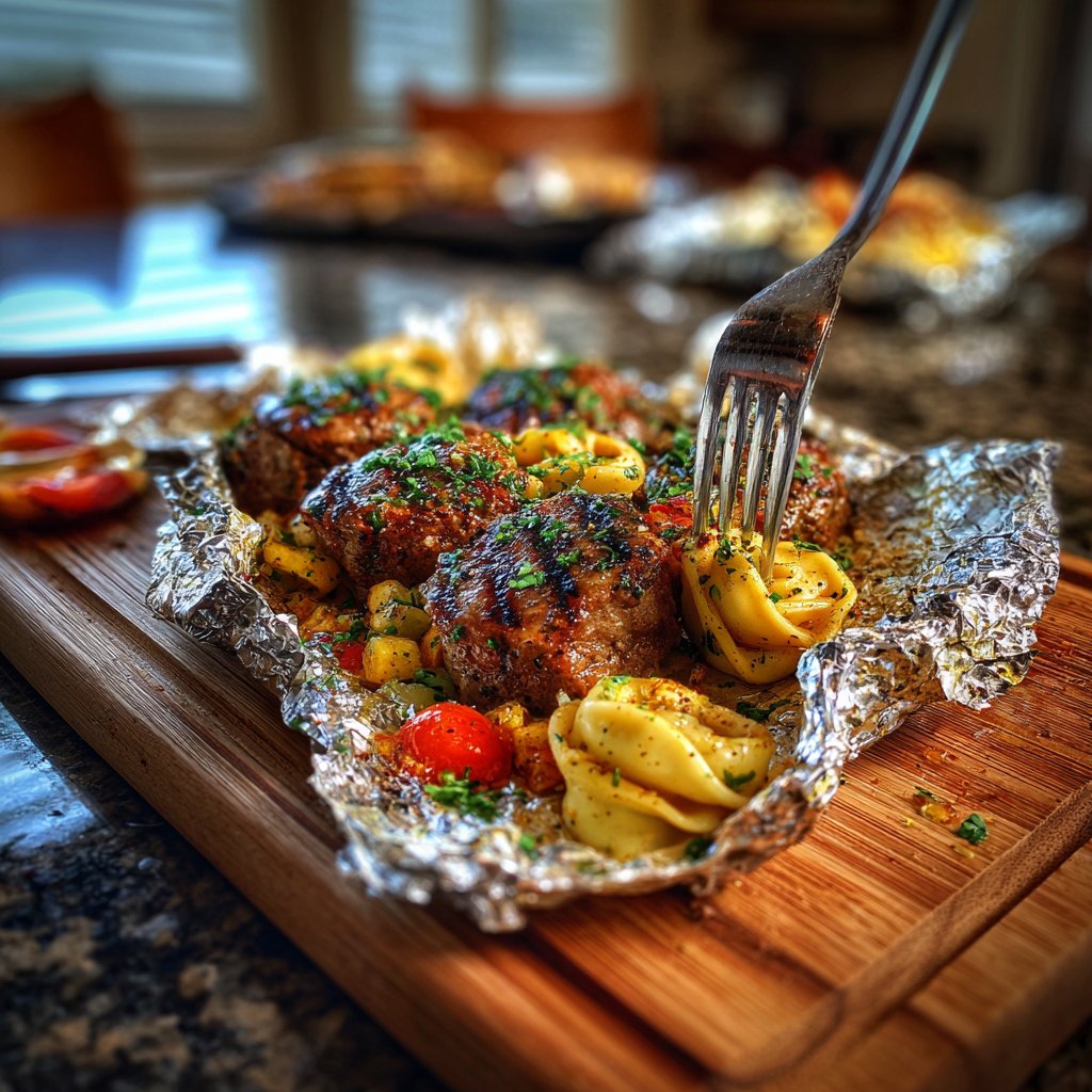 Grilled Garlic Steak Tortellini Foil Packs